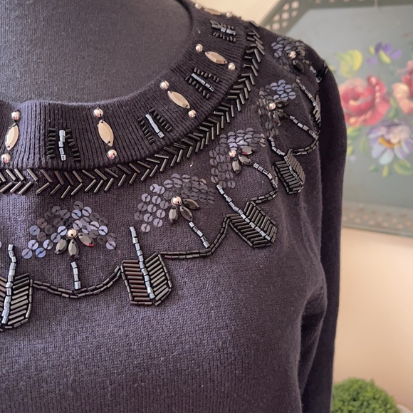 Talbots RSVP Black Beaded Sequin Crew Neckline Sweater Sz M Soft Knit - Picture 4 of 13